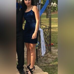 Skylar +Madison Deep Blue Velvet Mini Dress with Spaghetti Straps straps in back